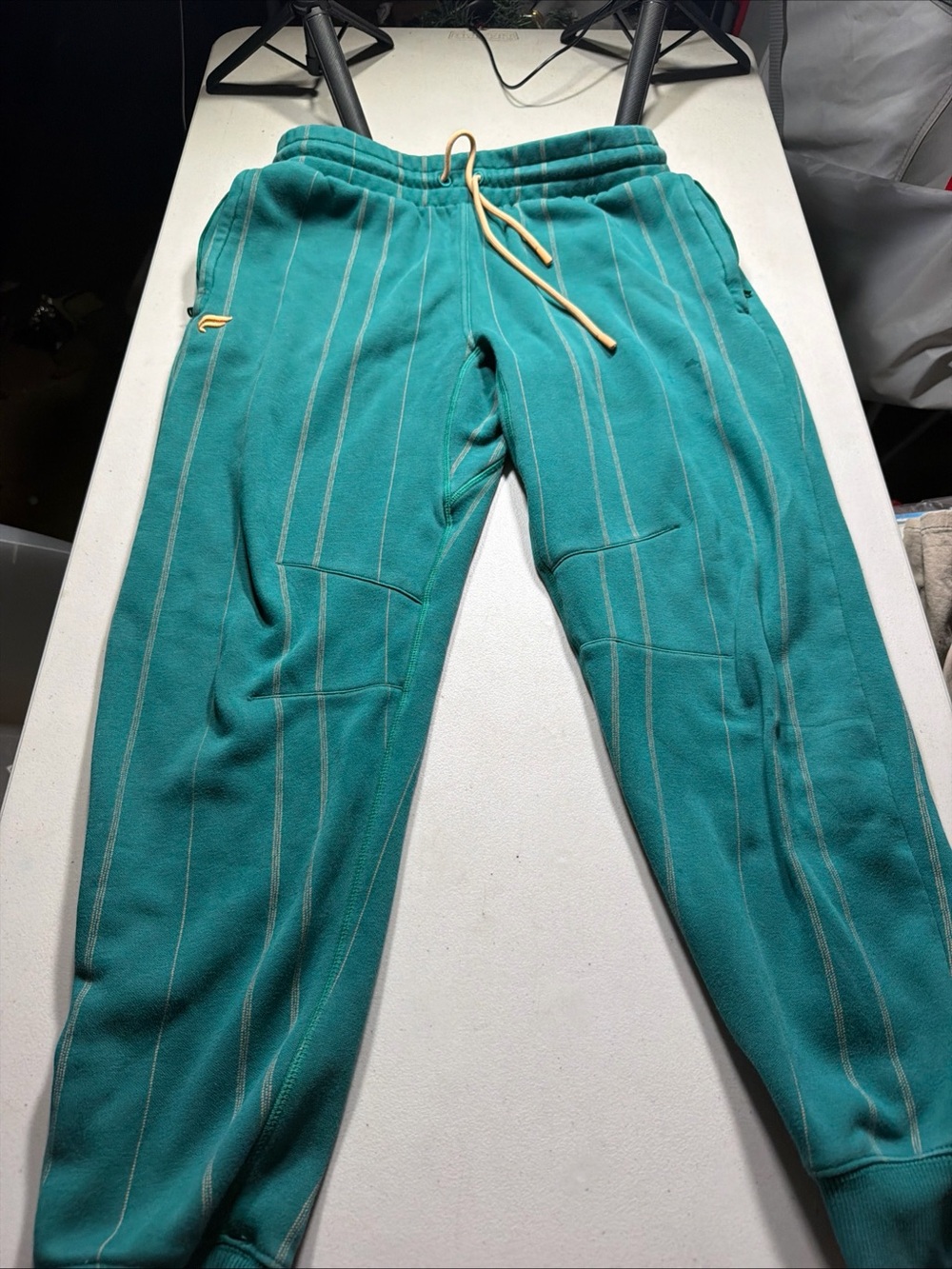 Fabletics Teal Pinstripe Drawstring Joggers with Yellow Accent